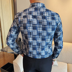 2310-P68 高定色织格子衬衫男士长袖衬衫新款格子修身弹力衬衣图片