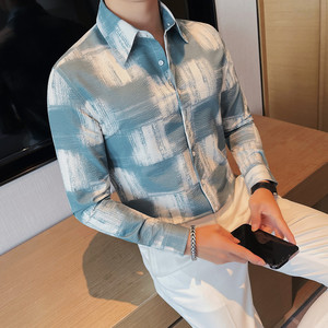 7998-P65 男士长袖衬衫秋季格子修身潮流休闲帅气衬衣，男装衬衫，电商B333