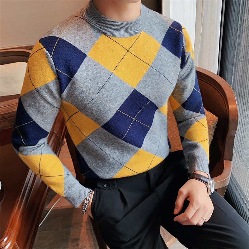 8508-P75长袖格子毛衣男士秋冬休闲撞色针织衫圆领套头线衫打底衫,男装T恤,电商B333