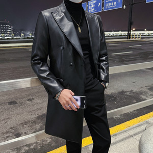26716-P218 黑色长款加厚皮衣男双排扣翻领潮流痞帅高级感外套，男装皮衣，电商B333