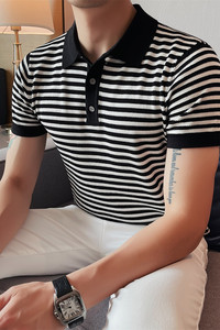1216-P58 针织polo衫男士夏季条纹翻领半袖t恤 针织冰丝图片
