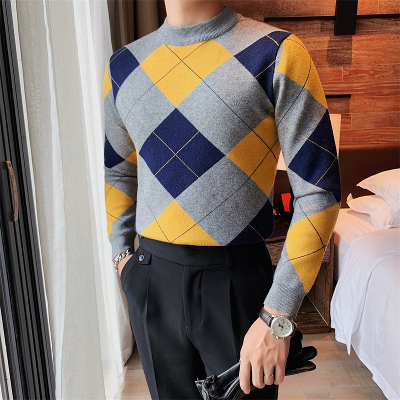 8508-P75长袖格子毛衣男士秋冬休闲撞色针织衫圆领套头线衫打底衫图片