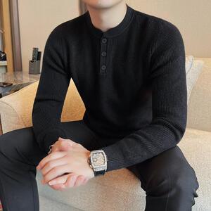 3716-P78 无领针织长袖毛衣男士秋冬新款粗毛线扣子领打底衫图片
