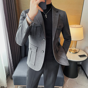 XF1041-P175 呢子西装外套男士冬季厚西服 单排扣多口袋西装图片