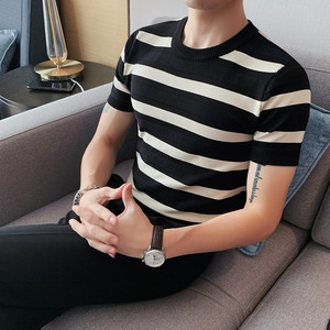 3323-P58 新加绿色条纹针织冰丝圆领体恤男士夏季修身潮流半袖t恤图片