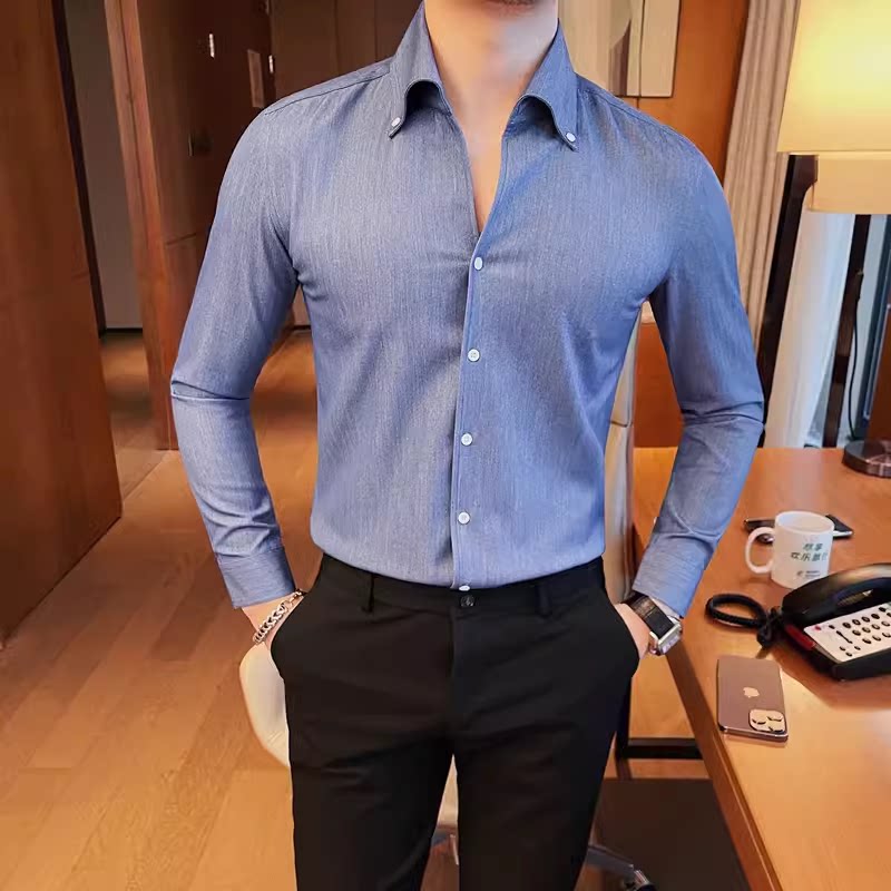 老款继续做9889-P75 男士衬衫长袖修身商务休闲衬衣 牛仔蓝衬衫图片