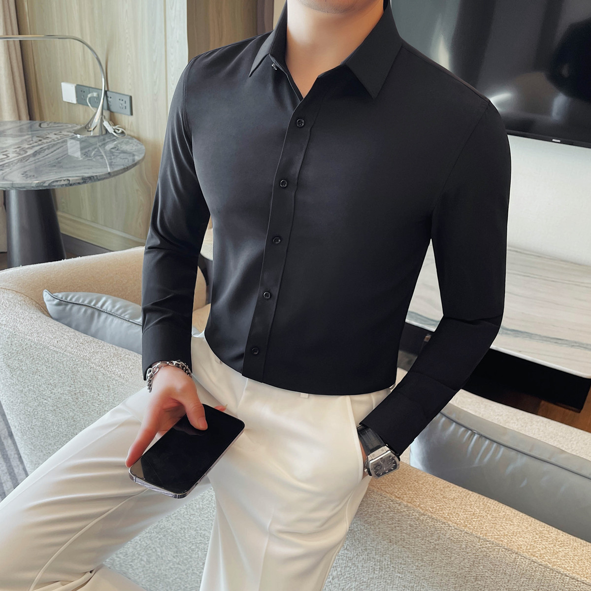 CS2069-P58免烫白寸衣正装寸衫长袖纯色百搭衬衫男,男装衬衫,电商B333
