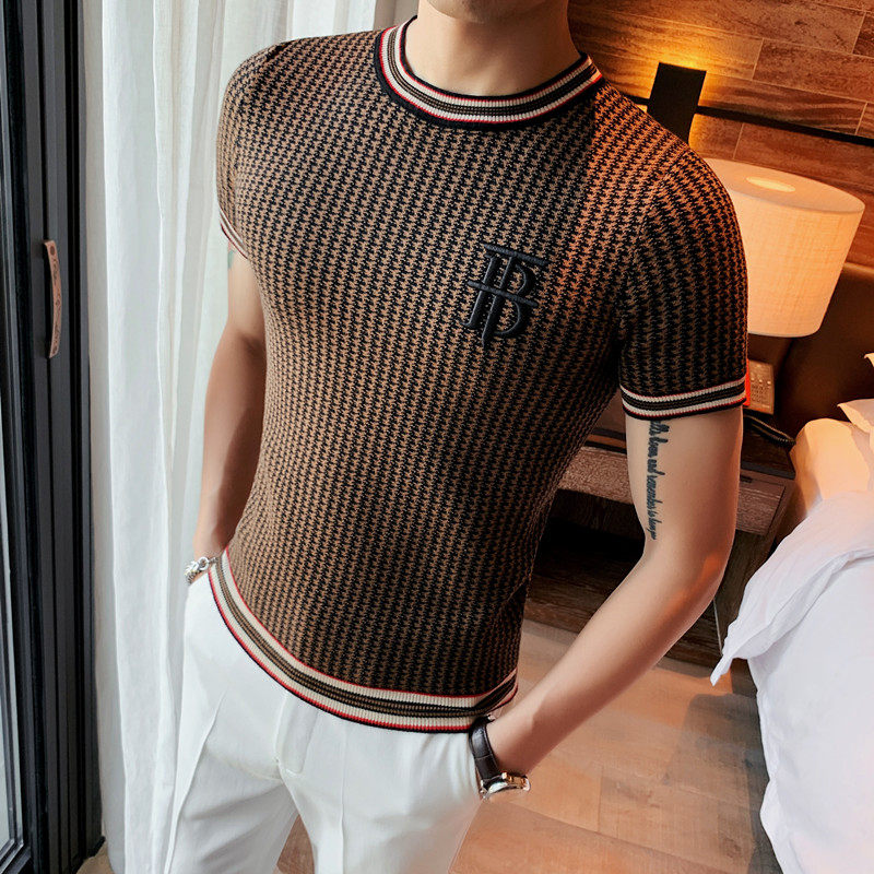 2204-P68圆领针织T恤男士春季短袖休闲套头千鸟格体恤,男装T恤,电商B333