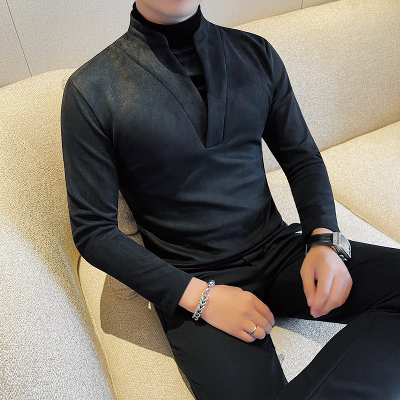 7927-P65 假两件长袖体恤男士冬季新款休闲纯色打底衫修身图片