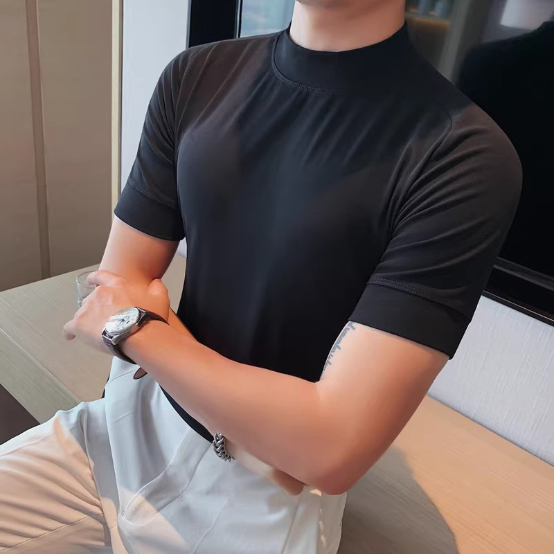 5857-特P40秋季男士短袖打底衫纯色半高领修身T恤抓绒中领T,男装T恤,电商B333