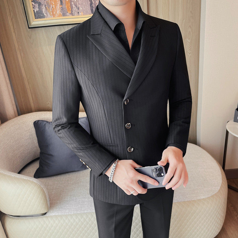 XF1055-P165单排扣西装外套男士条纹西服三粒扣后中开叉西装，男装西服套装，电商B333