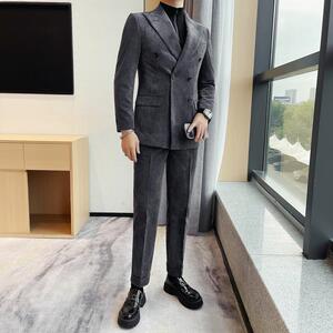 TZ6128-P355 西服套装男士两件套 灯芯绒条纹西装双排扣图片