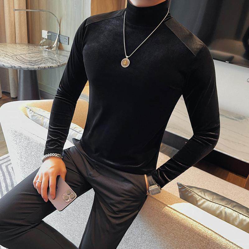 7922-P48 金丝绒拼皮半高领长袖体恤男士秋冬新款修身纯色打底衫图片