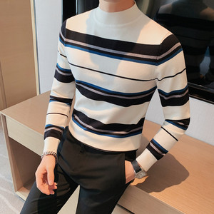 8517-P55条纹毛衣男士半高领冬季新款修身拼色针织衫中领打底衫图片