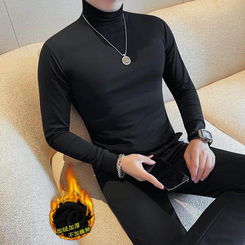 7991-P50 高领加绒长袖体恤男士秋冬新款纯色打底衫 加绒只有黑色图片