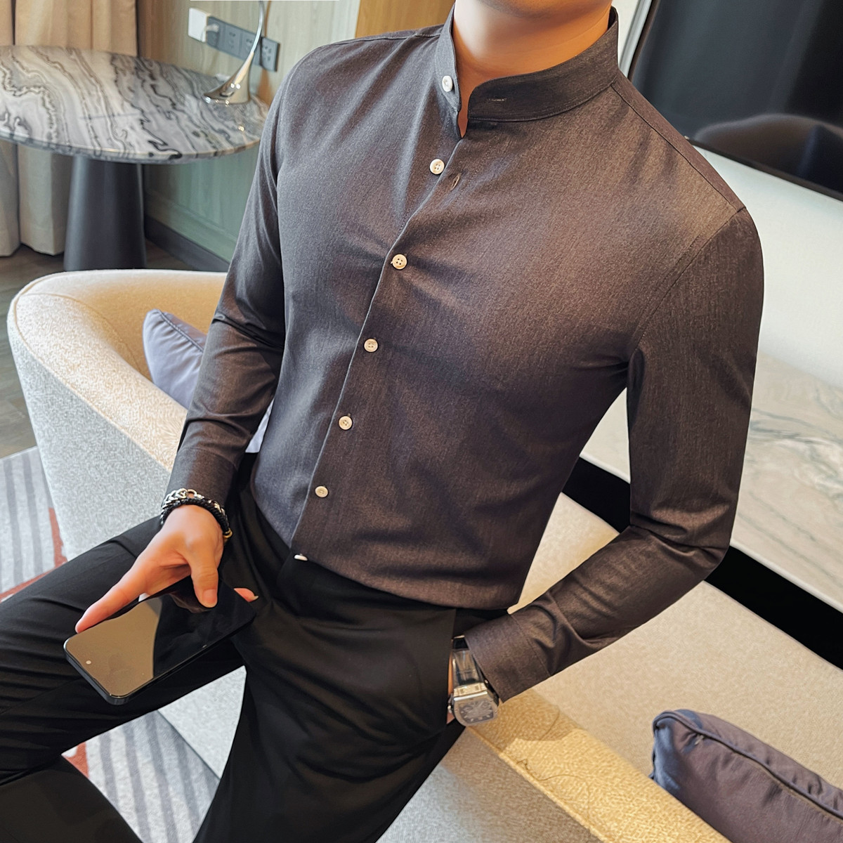 2203-P68仿牛仔面料水洗立领衬衫男秋冬高级感潮流时尚百搭衬衣,男装衬衫,电商B333