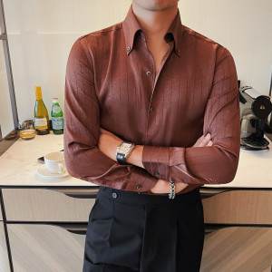 3117-P95 长袖暗条纹压花衬衫男士秋季潮流修身休闲衬衣图片