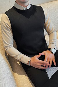 1320-P85 假两件毛衣男士衬衫领秋冬季新款男装高级感内搭针织衫图片