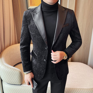 26708-P165 男士西装外套秋冬休闲拼皮西服新款高级拼接西服图片