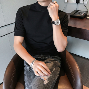 春季男士短袖打底衫 纯色半高领修身T恤 抓绒中领T 5857-特P40图片