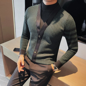 HM015-P75 秋冬男士毛衣针织衫线衣英伦潮流格子半高领修身打底图片