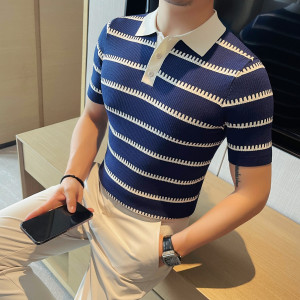 3762-P68 条纹短袖针织冰丝POLO衫男士夏季新款翻领弹力体恤图片