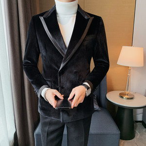 X6080-P235西装外套男士冬季厚款西服 纯色双排扣西装 平绒西装图片