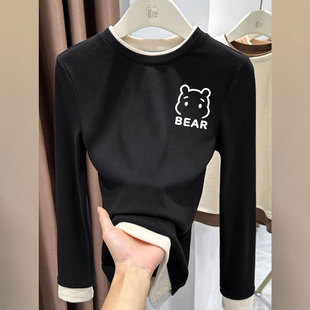 显瘦打底上衣 T恤拼接假两件设计感修身 秋冬款 女加厚德绒保暖长袖