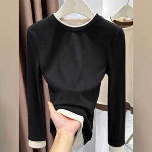 显瘦打底上衣 T恤修身 秋冬款 拼接假两件设计感女德绒加厚保暖长袖