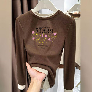 显瘦拼接假两件设计感打底上衣 T恤女修身 秋冬款 加厚德绒保暖长袖