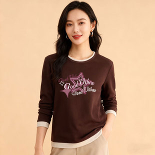 显瘦上衣 内搭修身 秋冬女加厚保暖德绒长袖 T恤圆领拼接设计感韩版