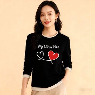 秋冬女加厚保暖德绒长袖 显瘦圆领拼接设计感印花打底上衣 T恤修身