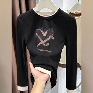 显瘦打底上衣 T恤修身 秋冬款 设计感女德绒加厚保暖假两件拼接长袖