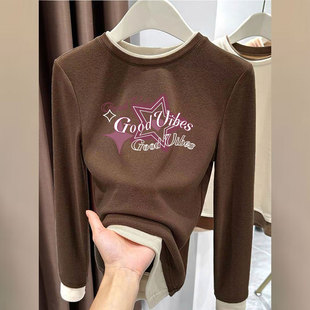 显瘦上衣 打底T恤假两件拼接设计感修身 秋冬款 女加厚保暖德绒长袖