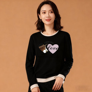 显瘦上衣 T恤撞色设计内搭修身 秋冬女装 加厚德绒保暖圆领拼接长袖