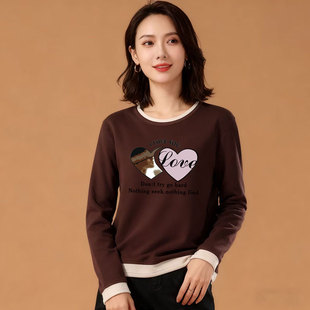 显瘦上衣 T恤内搭修身 秋冬女装 加厚德绒保暖圆领拼接撞色设计长袖