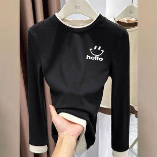 显瘦打底上衣 T恤设计感修身 秋冬款 女德绒加厚保暖拼接假两件长袖