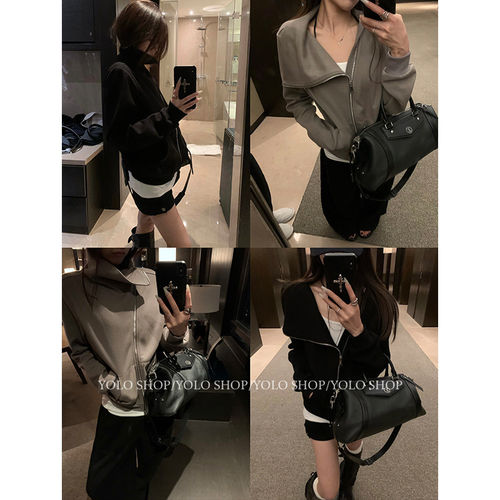 5596# 春秋季 层次叠穿ro不规则斜门襟正肩翻领卫衣高克重外套女