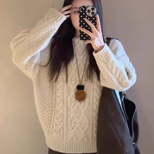 现货2025冬新韩国东大门sie 50羊毛奶油色麻花针织毛衣 ne藤姐同款