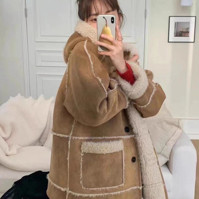 现货 2025冬季新款韩国东大门b*eathe气质连帽单排扣皮毛一体外套