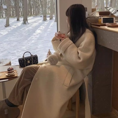 陆续2025冬季新韩国东大门le*obe单排扣绑带长款100羊毛大衣外套