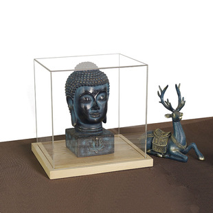 工艺品摆件玻璃防尘罩透明亚克力展示盒黄金佛像陈列实木底座定做
