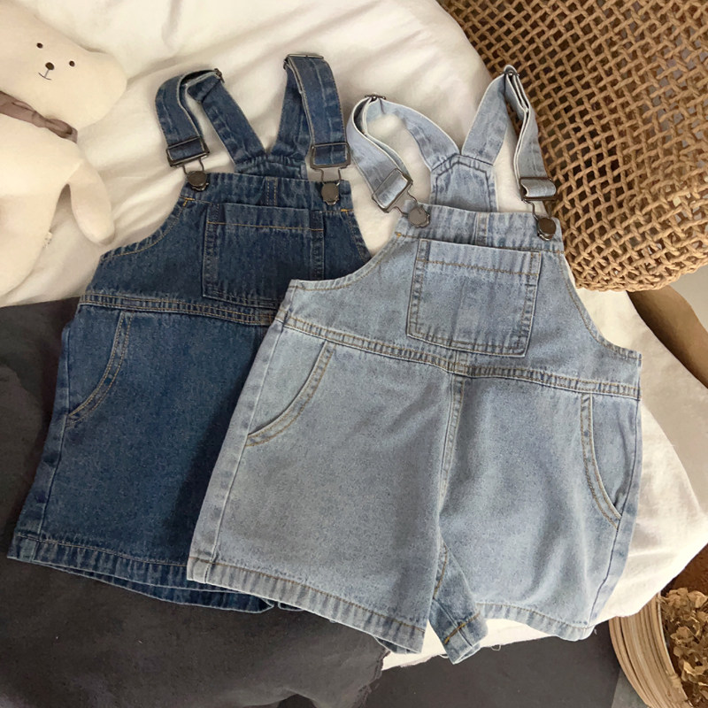 水洗牛仔~韩国夏季儿童薄牛仔吊带背带裤男女宝宝大口袋牛仔短裤