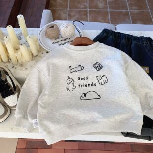 简约又好穿韩国儿童小熊圆领百搭套头卫衣男女宝休闲宽松棉质潮衫