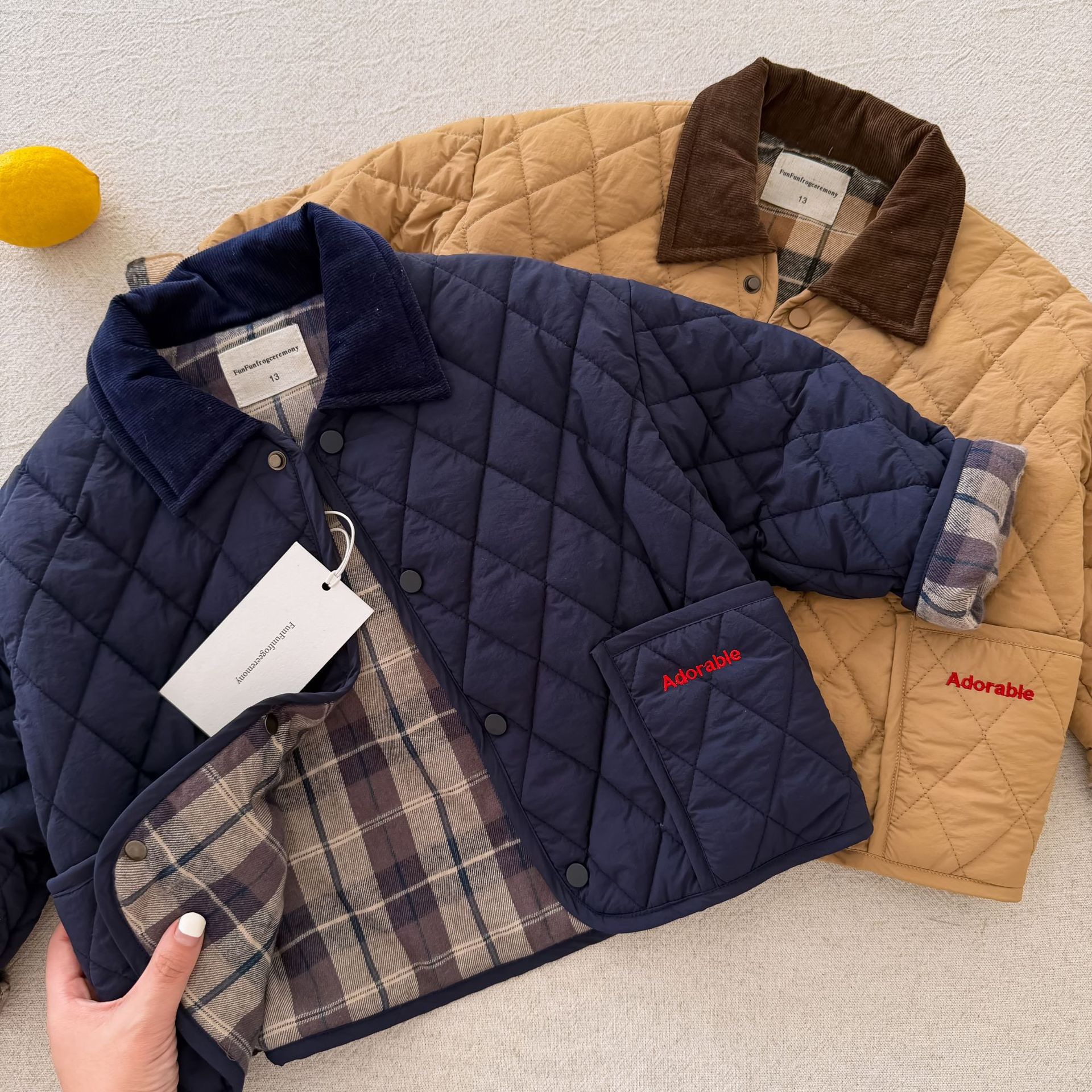 设计感绗棉外套~2025冬季儿童宽松口袋刺绣棉服 男女宝休闲薄棉衣