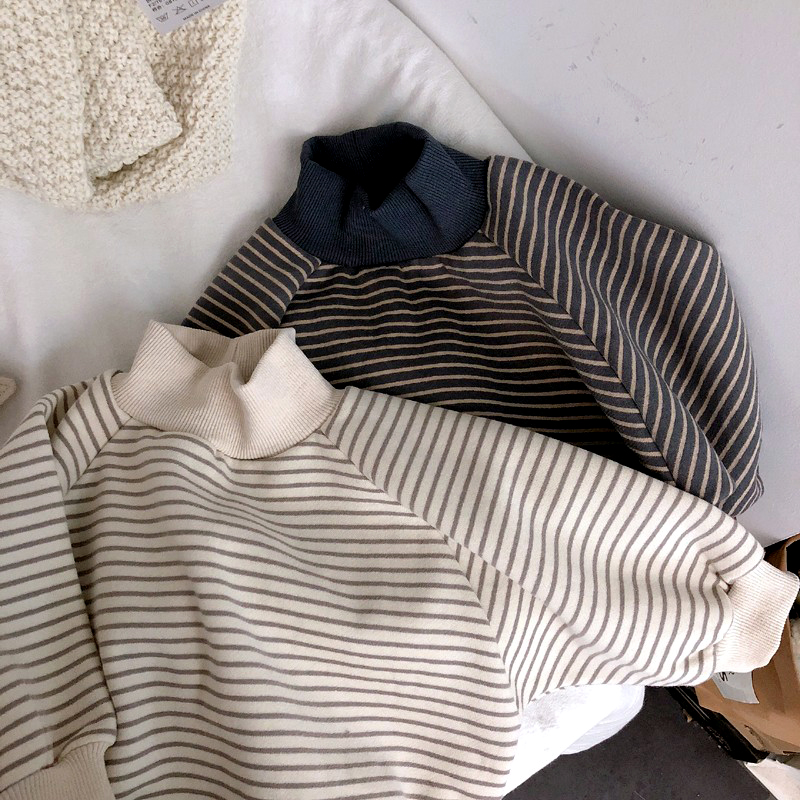 森系童装半高领条纹卫衣加厚绒衫