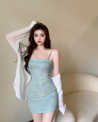 Real price net red temperament slim fitting suspender dress + loose white shirt suit