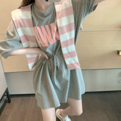 Real price new Korean fashion contrast stripe Cape waist casual dress