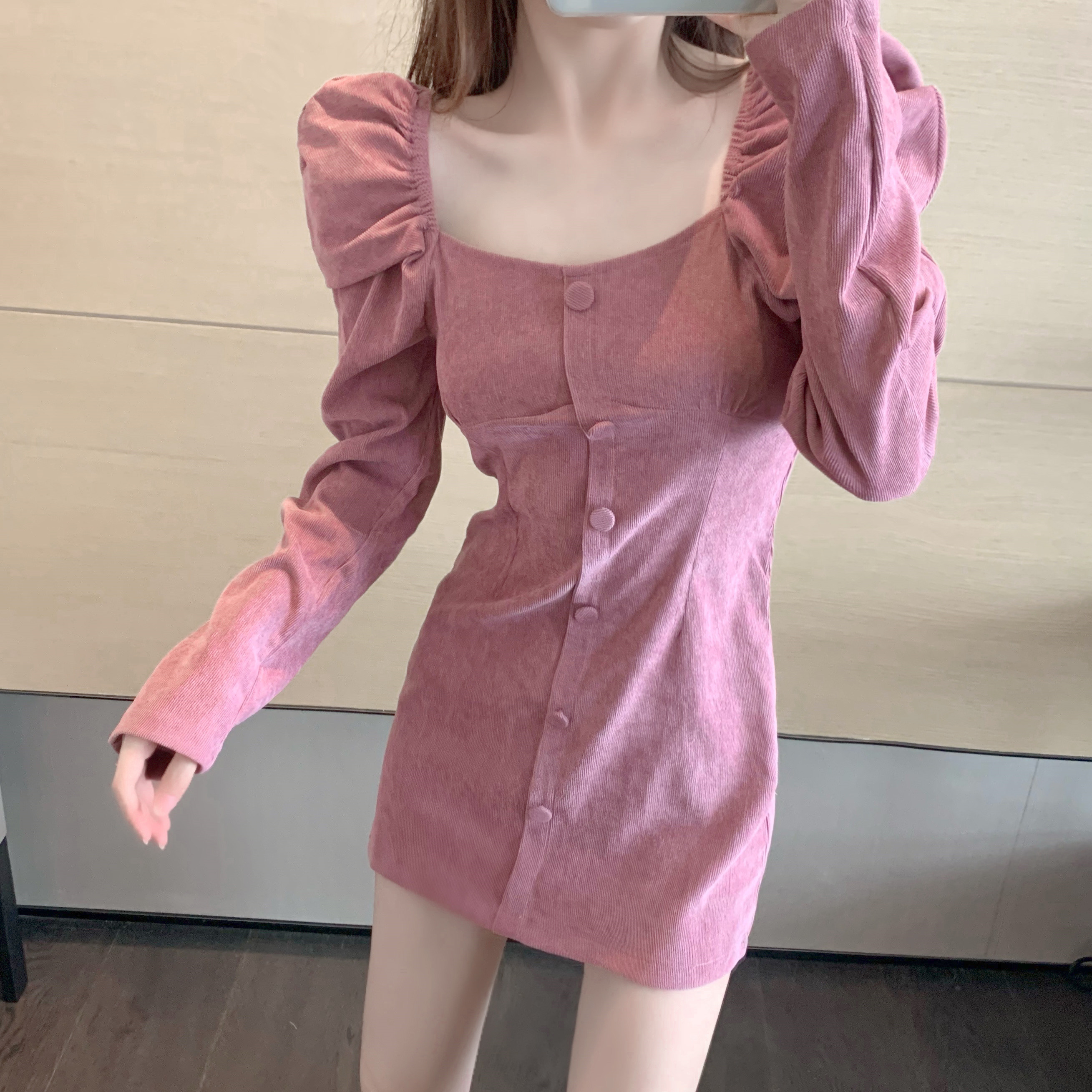 Real price retro square neck bubble sleeve Korean waist dress