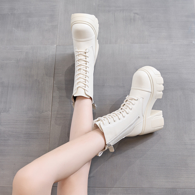 12cm增高跟马丁靴女小个子2025新款秋冬加绒真皮英伦粗跟中筒短靴